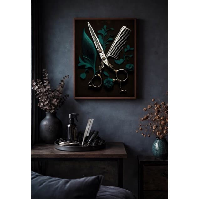 Quadro Decorativo Decoração Para Salão De Cabelo Masculino Pente e Tesoura