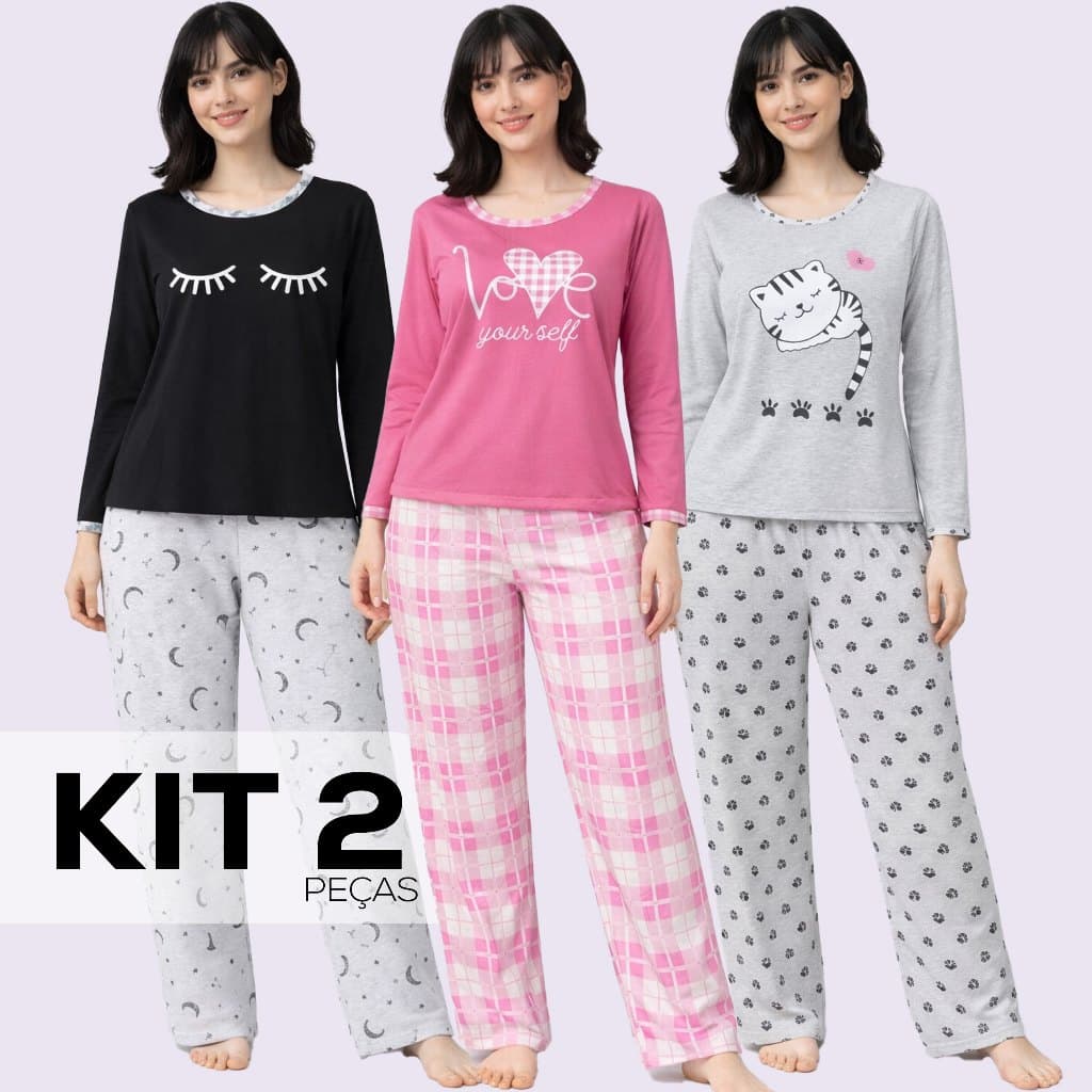 Kit 2 Pijamas Longo Feminino de Malha Estampada Adulto Inverno Conforto Dyeu Modas