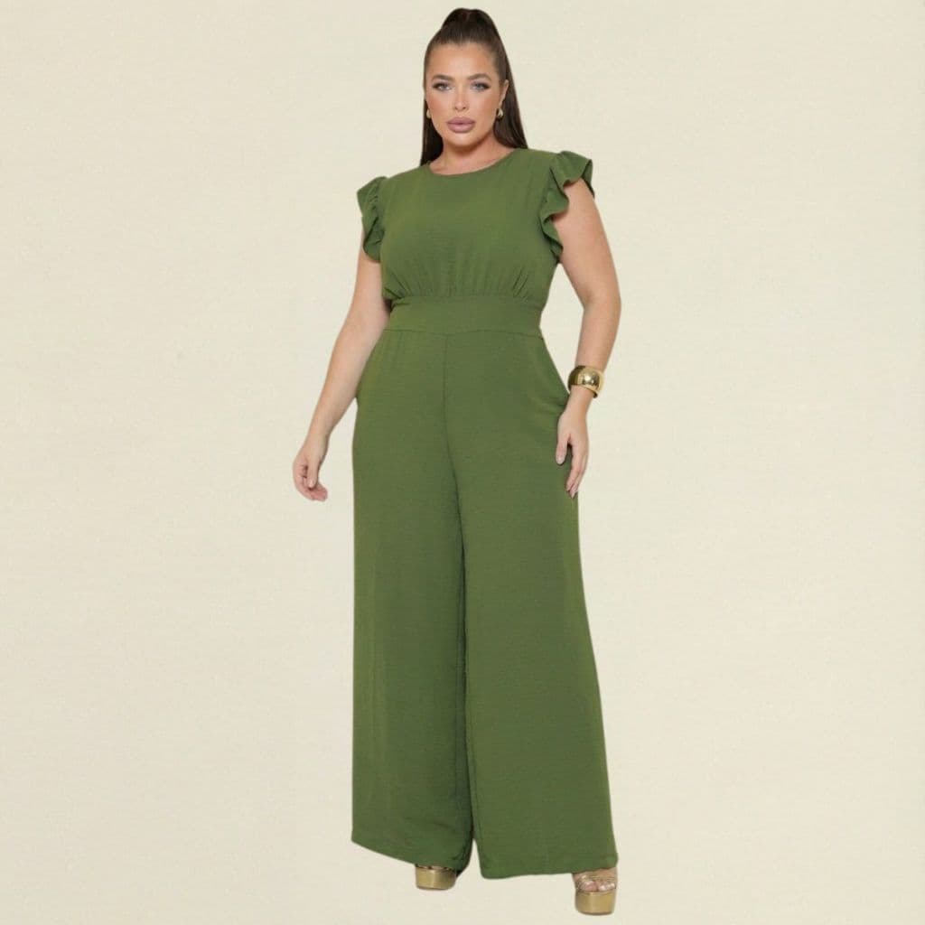 Macacão Plus Size Feminino Pantalona Manga Curta Babado Soltinho Elegante