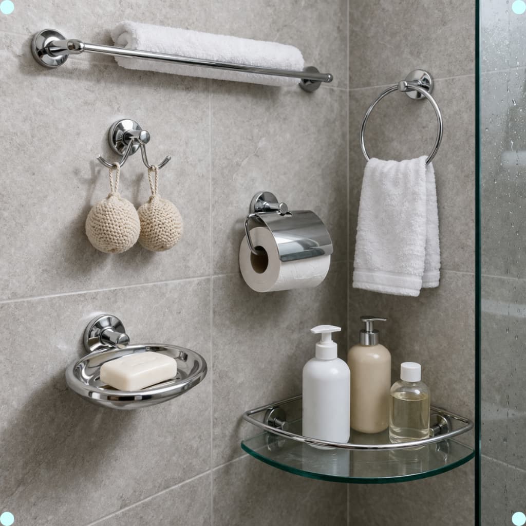 Kit De Acessórios Para Banheiro Inox Porta Shampoo Canto De Vidro