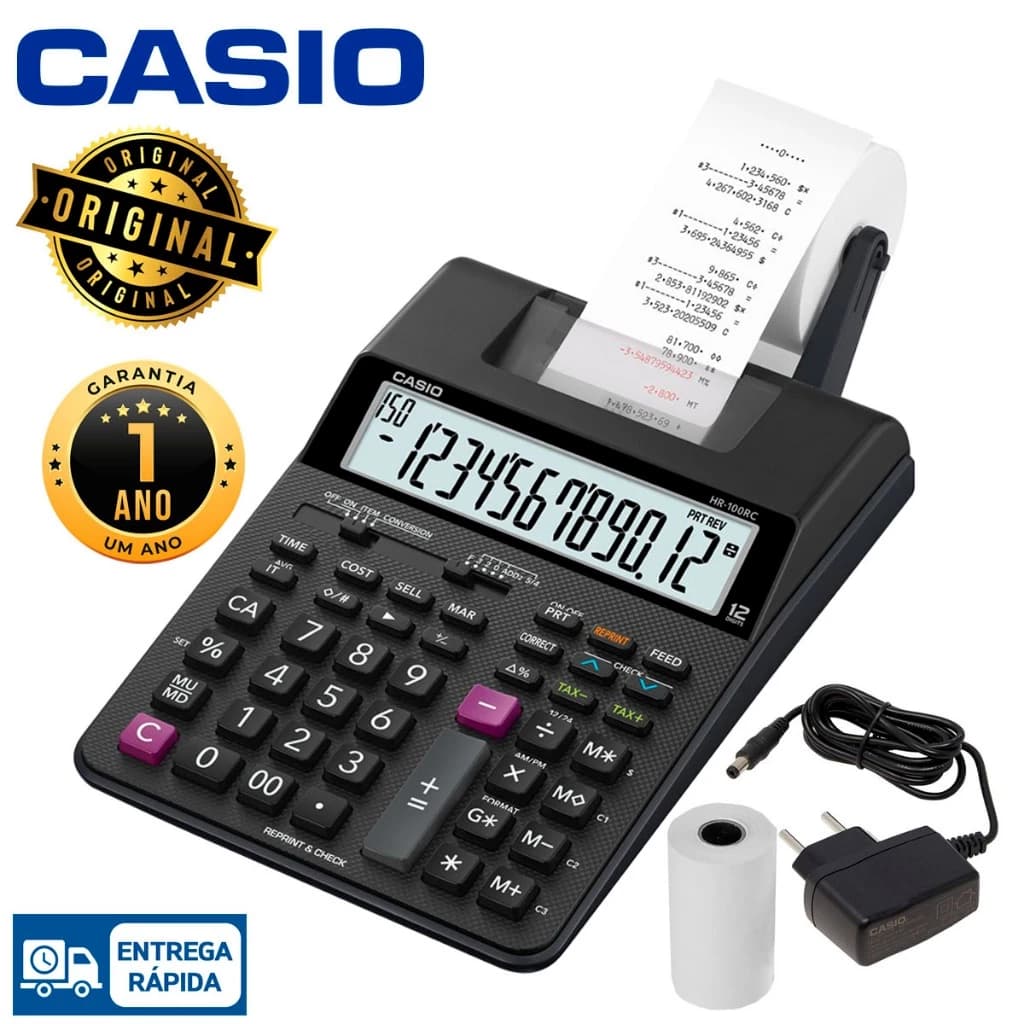 Calculadora Impressora HR-100RC 12 Dígitos Bivolt com Bobina e Fonte Inclusas