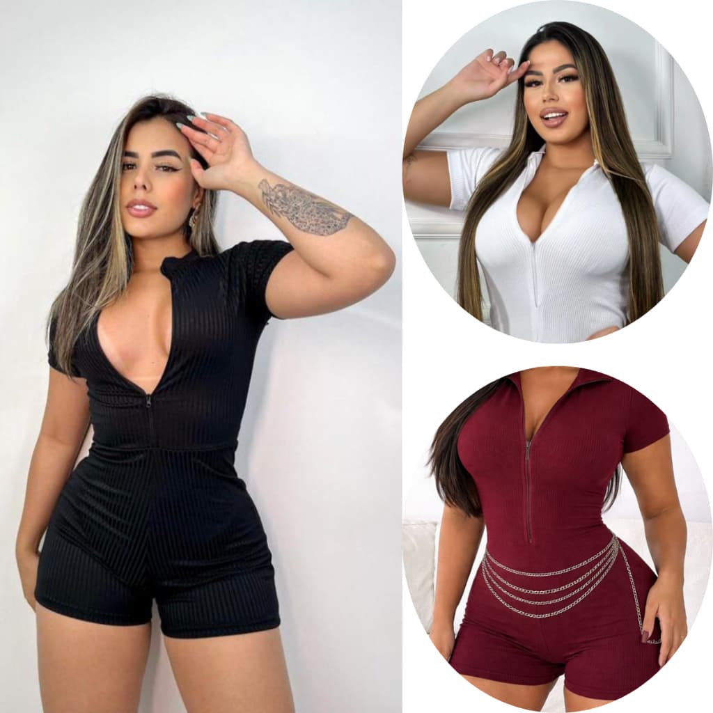 Macaquinho Macacão Feminino 3D Premium Canelado Anarruga Ziper Virginia Moda Gringa Fitness