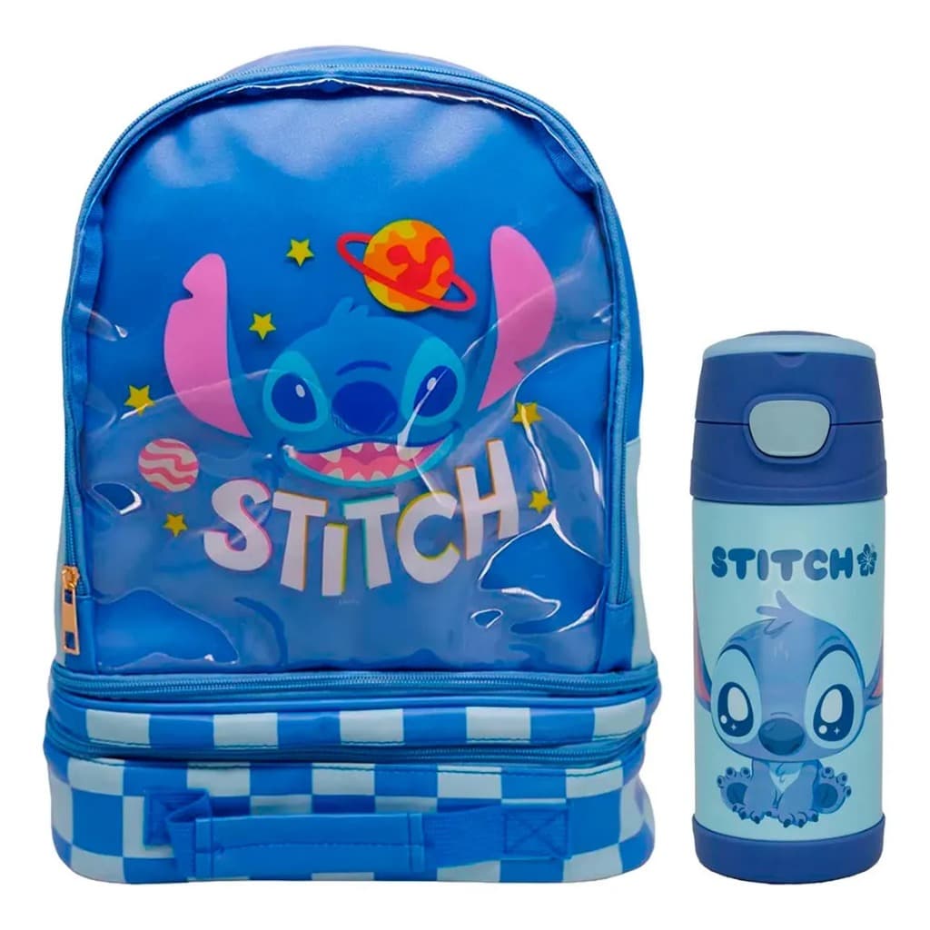 Mochila Infantil 2 em 1 Stitch com Lancheira e Garrafa Térmica 350ml