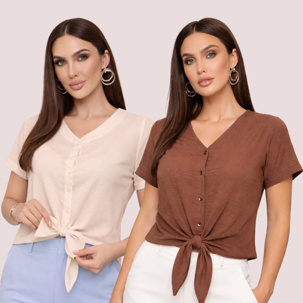 KIT 2 BLUSAS FEMININA COM BOTAO CAMISA LACO MANGA CURTA AMARRACAO