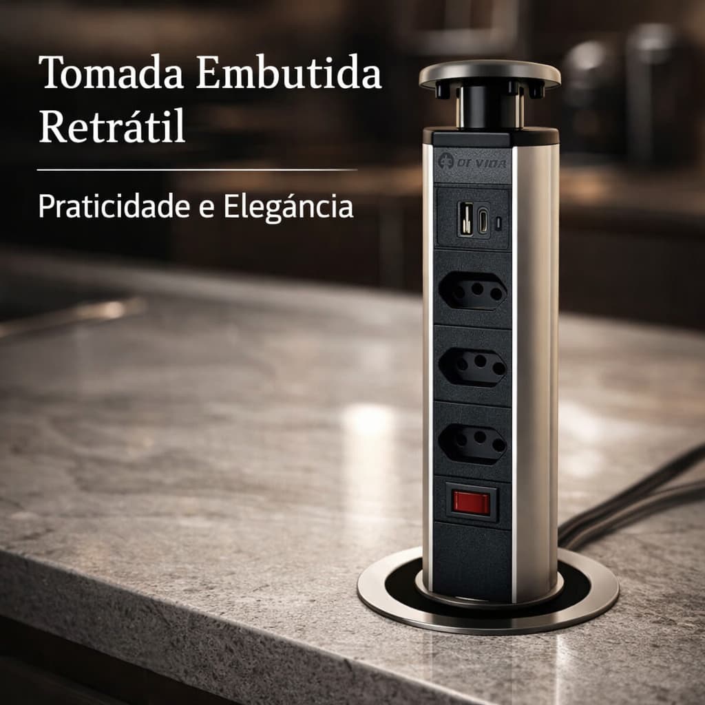 Torre de Tomada para Bancada Filtro de Linha Embutir Retrátil com 3 Tomadas cor Preto Cinza