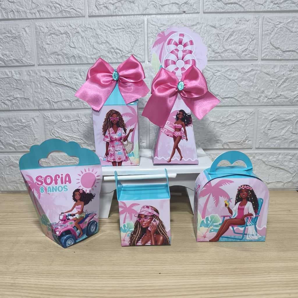 Kit Personalizados caixinhas Barbie Malubu  Afro Negra  Lembrancinhas aniversário-Festa PEGUE E MONTE