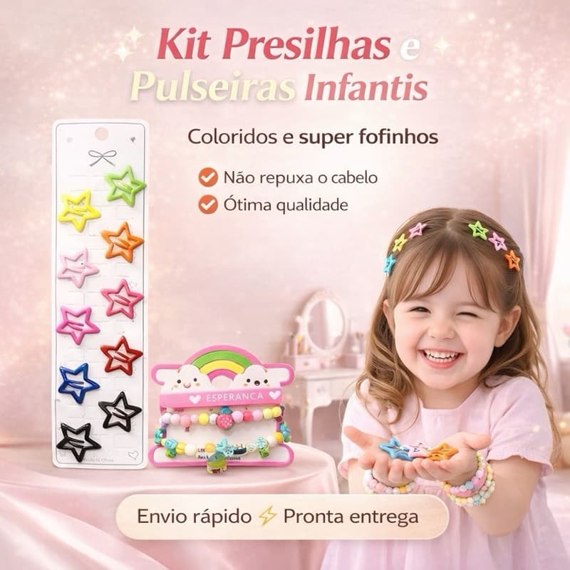Kit Acessórios Infantil Menina | Presilhas Estrela Coloridas e Pulseiras fofa miçangas