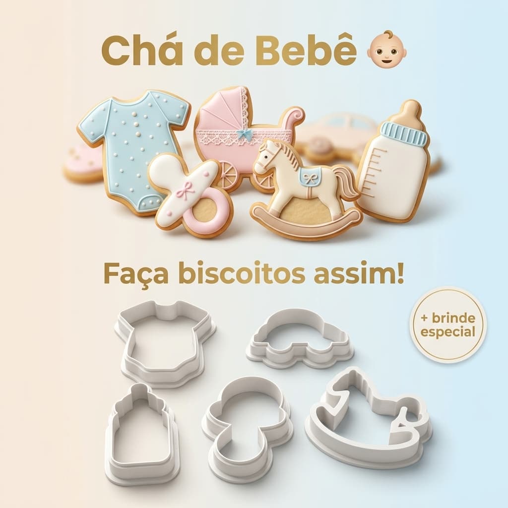 Kit 5 Cortador de Biscoito Chá de Bebê – Forminhas Mamadeira, Chupeta, Carrinho, Cavalinho