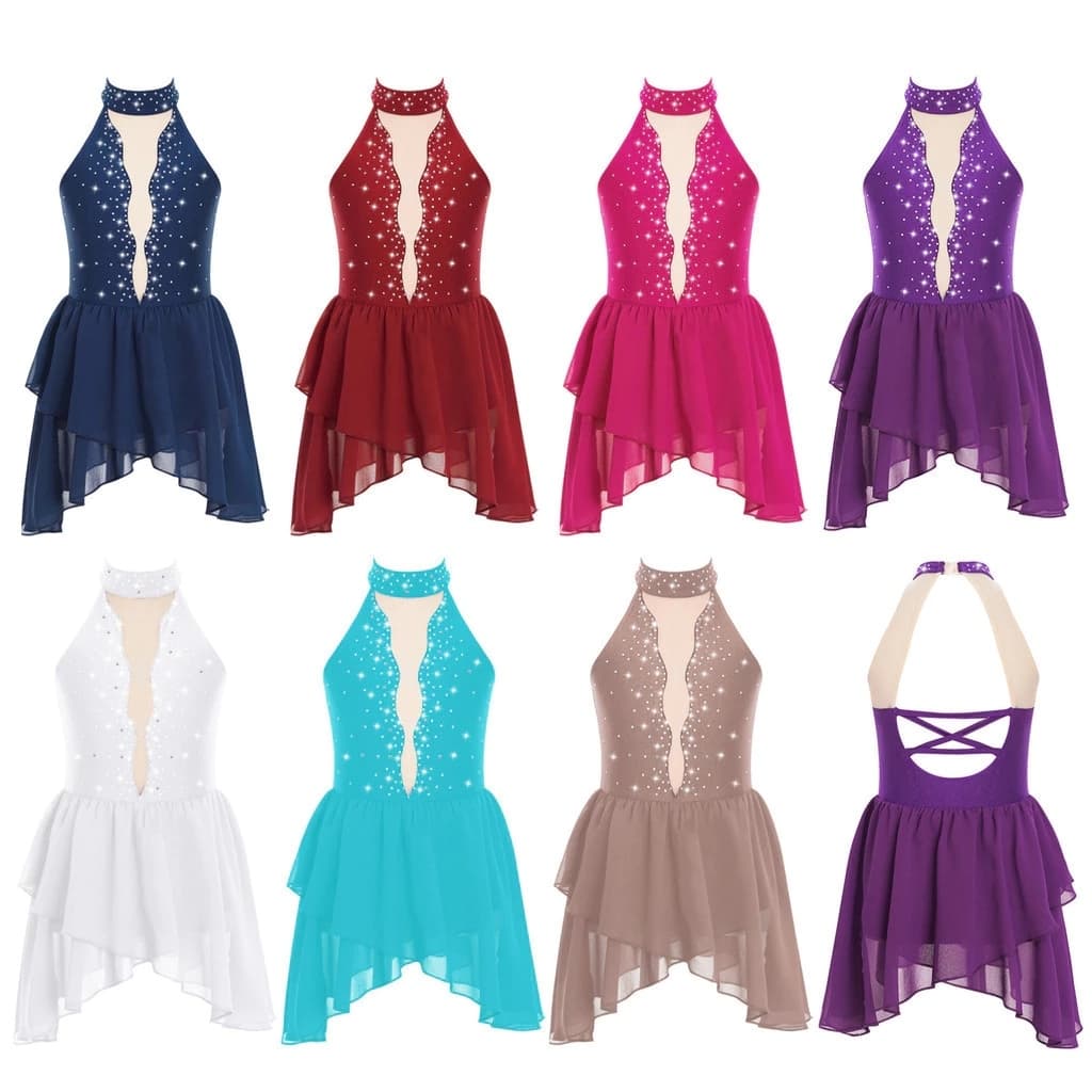 Strass Roupa De Exercicios Meninas Strass Lírica Traje Malha Retalhos Sem Mangas Mock Pescoço Aberto