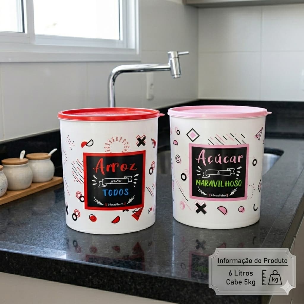 Kit 2 Potes Plástico 6 Litros 5kg Estampado Arroz e Açúcar  Linha Color Pedreira Utilidades