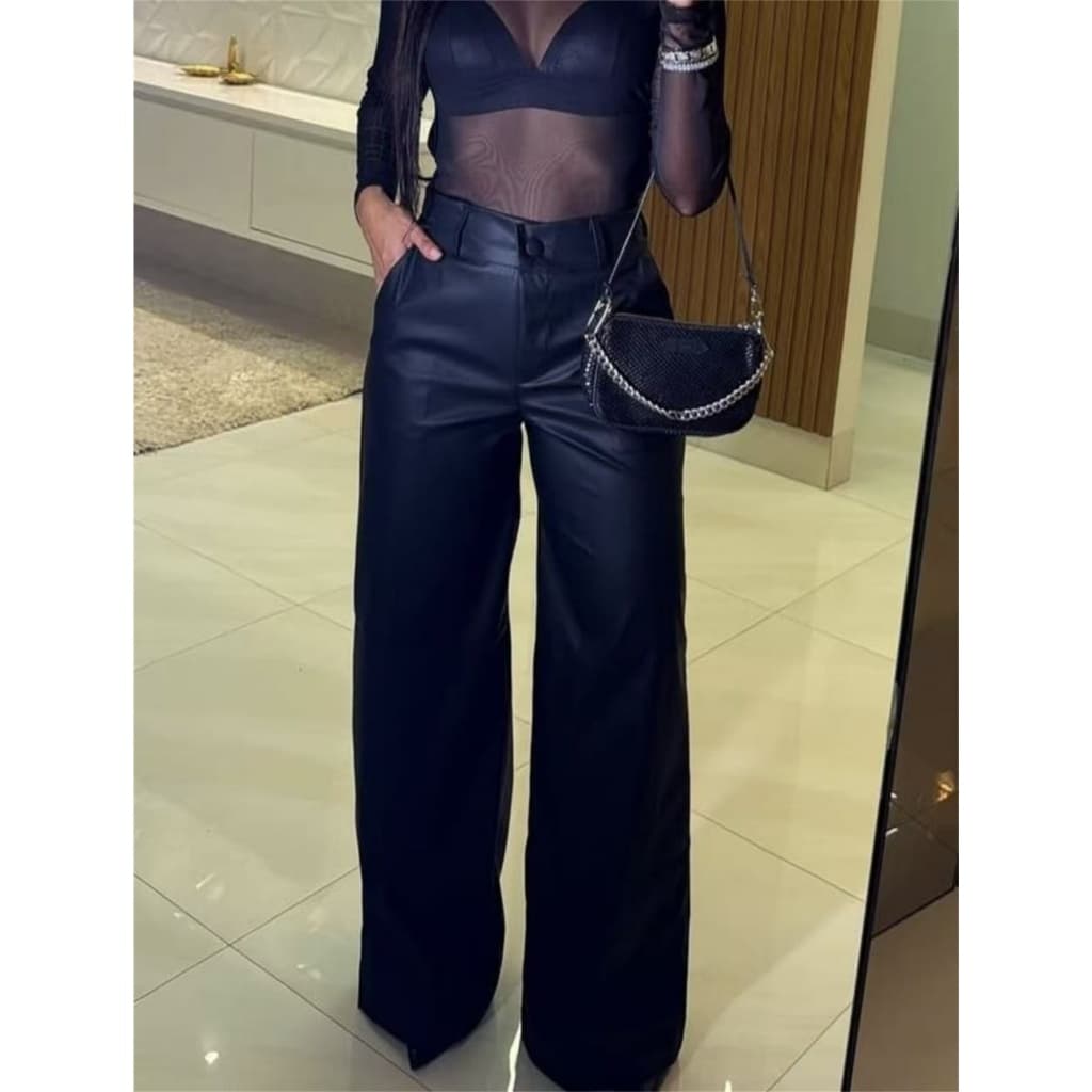 Calça feminina Wide Leg chique de couro Sintético com perna larga