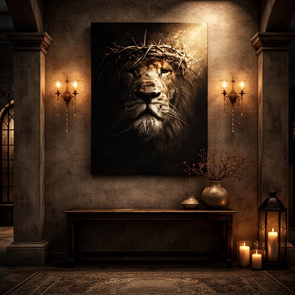 Quadro Decorativo Leão Majestoso Com Olhar Intenso e Coroa de Espinhos Arte Moderna Minimalista