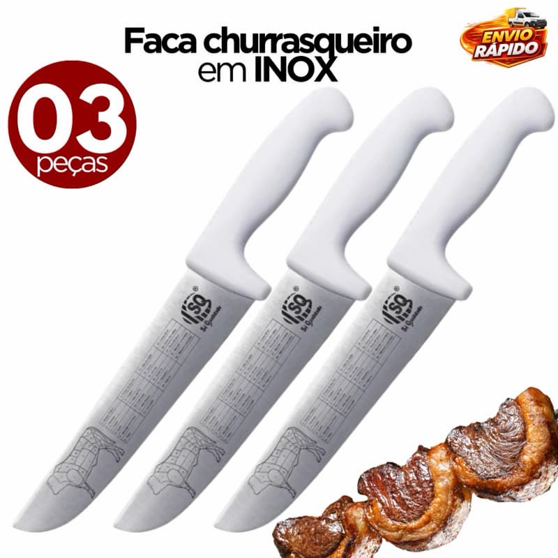 Kit 03 02 ou 01 Faca de Churrasco Mapa do Boi Gravado Profissional Aço Inox Cabo Ergonômico Churrasqueiro Premium