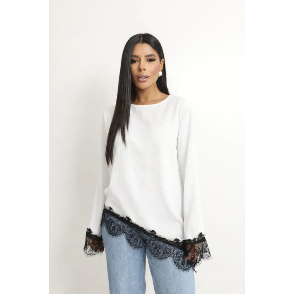 Blusa Feminina Manga Longa Trend Tendência Blusão Manga Longa Tshirt Oversized Assimétrica Com Renda