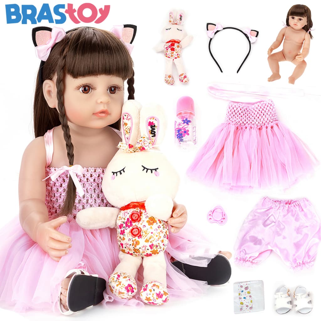 BRASTOY Bebê Reborn 55CM Boneca silicone Vestido Rosa Com Estampa De Coelho Para Menina
