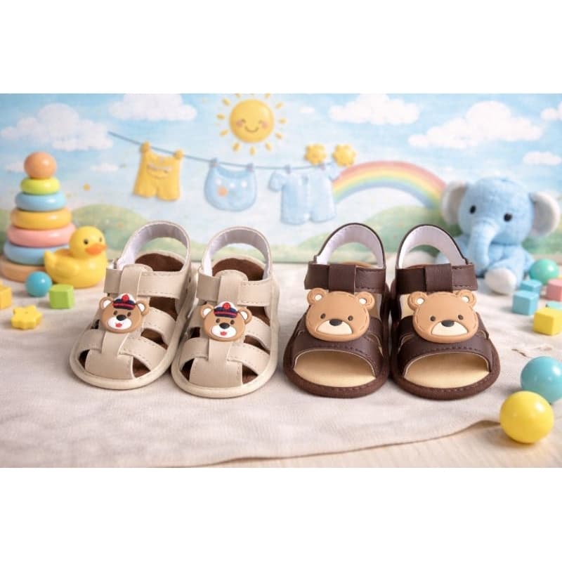2 sandalinha infantil bebê menino ursinho 13 ao 18 bege marrom sapatinho sandália bebe masculino