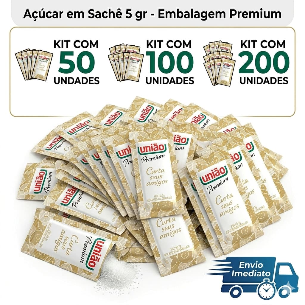 Açúcar União Premium Sachê 5g - Kit 50, 100 ou 200 Unid. Envio Imediato