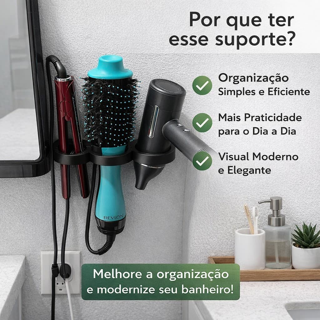 Suporte para Secador Chapinha e Escova | Organizador de Parede para Banheiro Preto/Branco/Cinza