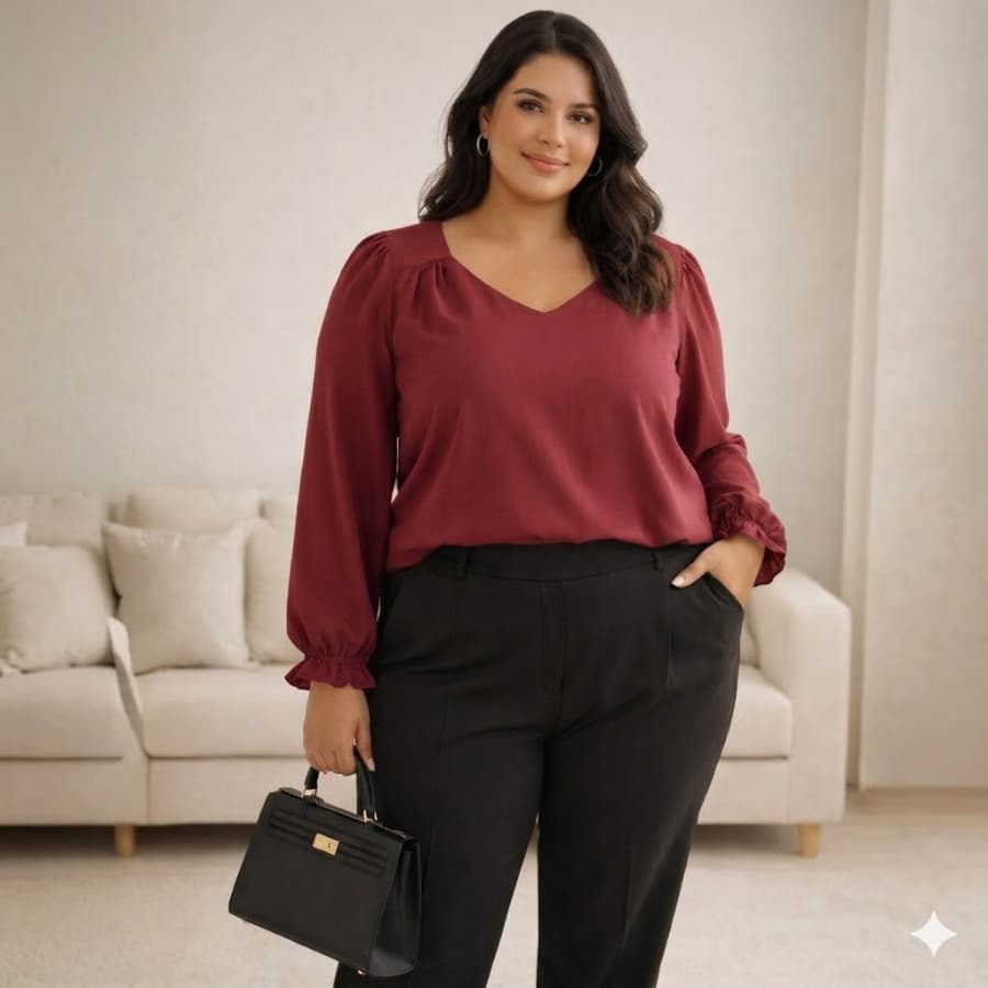 Blusa Feminina Plus Size Elegante Estilo Social Manga Longa Decote V Não Amassa GG G1 G2 G3
