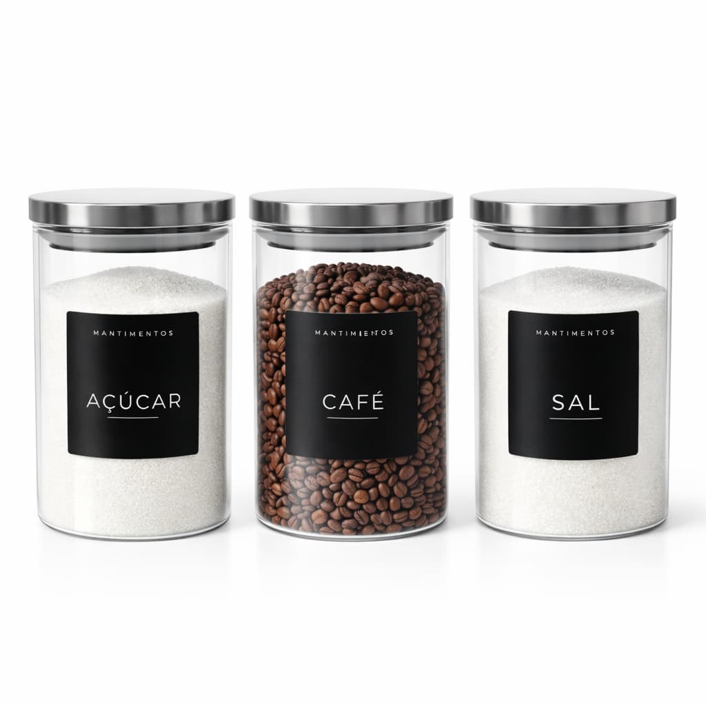 Conjunto 3 Potes Herméticos Tampa Inox 1000 ML Vidro Com Etiquetas Pretas Açúcar Café e Sal