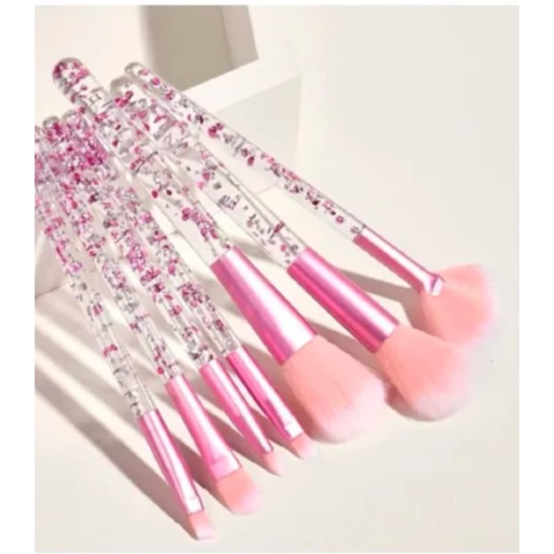 Kit 7 Pincéis de Maquiagem Cabo de Cristal Glitter Rosa e Prata Profissional