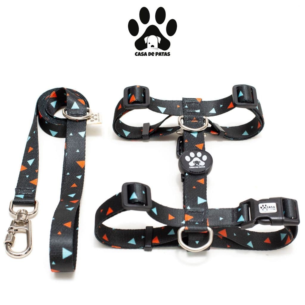 Coleira para Cachorro: Kit Peitoral + Guia modelo H - Preto Estampado