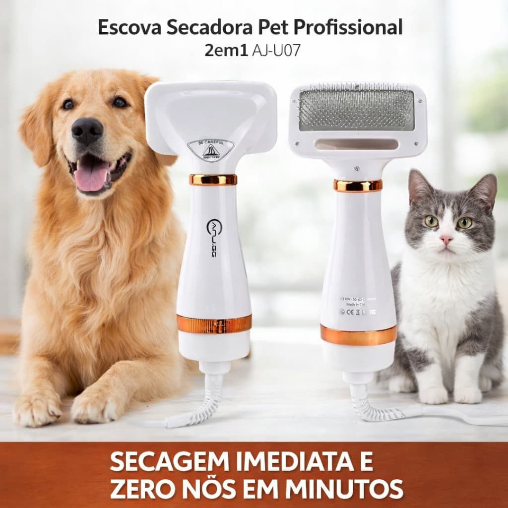 Escova Secadora Pet 2em1 Profissional Alta Potência Seca e Desembaraça Rápido Cães e Gatos 110v