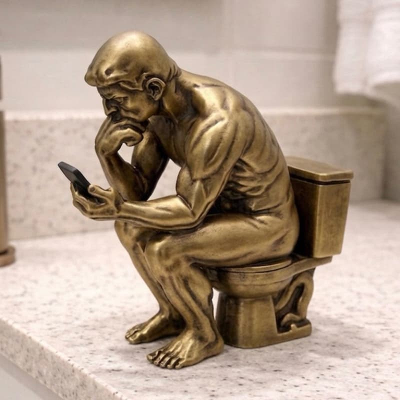 Estatueta o pensador sentado no vaso com o celular estátua procrastinação decoração engraçada casa banheiro