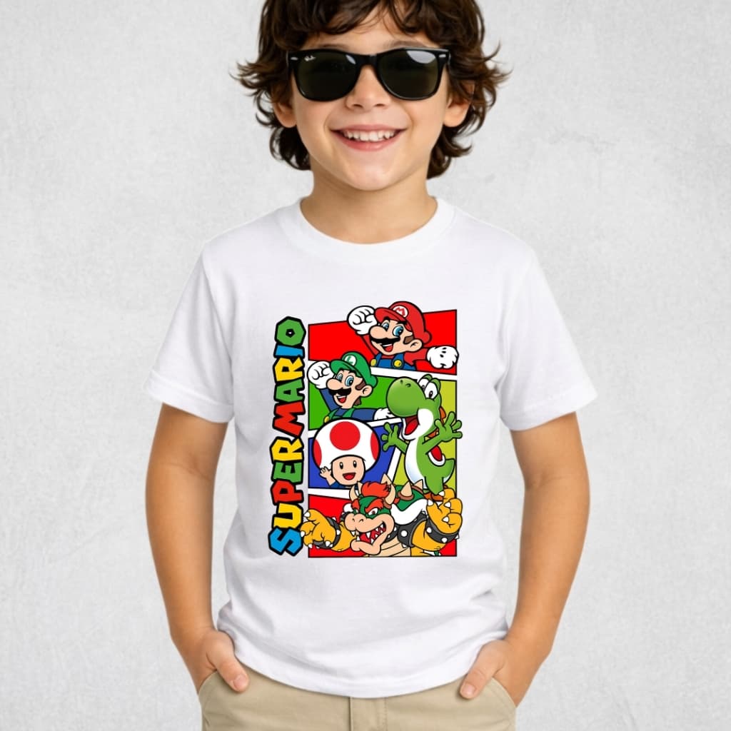 Camiseta do Super Mario Infantil Menino Luigi e Yoshi Bowser Games Blusa em Algodão Premium Juvenil