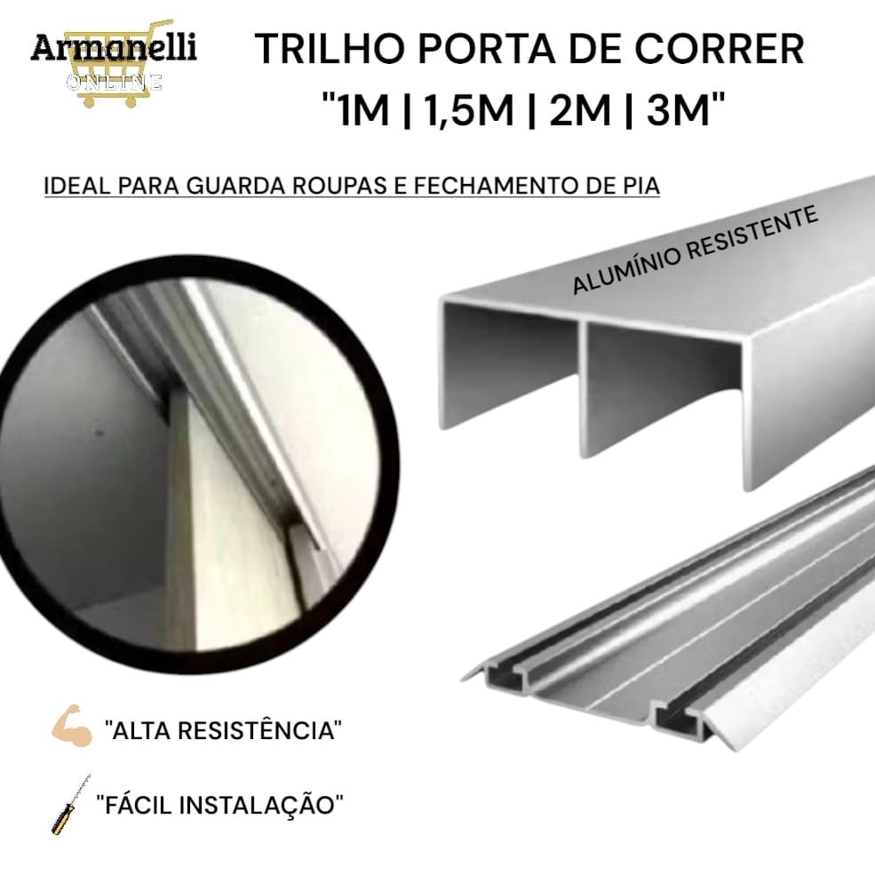 Trilho Perfil Superior/Inferior p/ Porta de Correr Guarda Roupa e Armários de 15 a 18mm -- 1,0/1,5/2,0/3,0 Mts