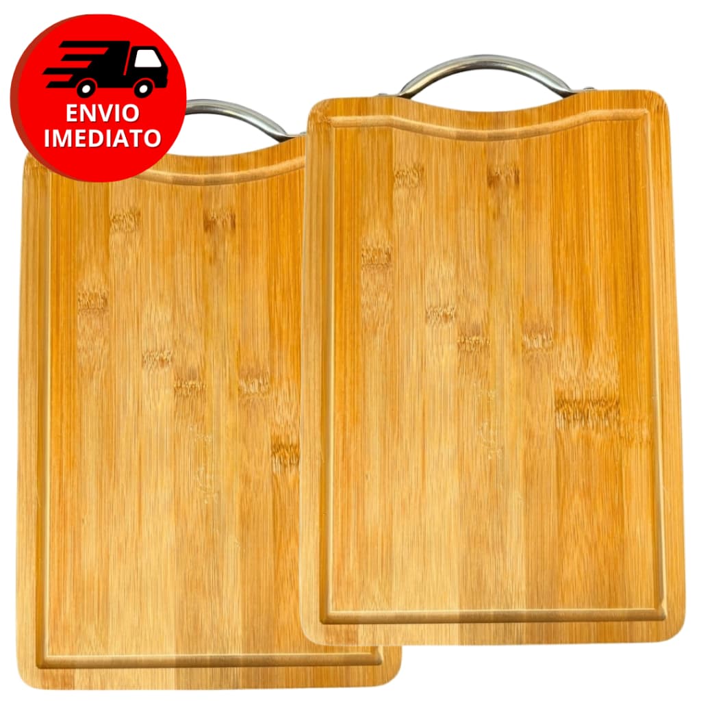 Kit Tabua De Corte Carne Madeira Bambu Retangular Servir Churrasco Frios 32CM Com Alça Inox
