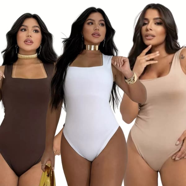 Kit 3 Body Feminino Decote Quadrado Casual Elegante Tecido Suplex