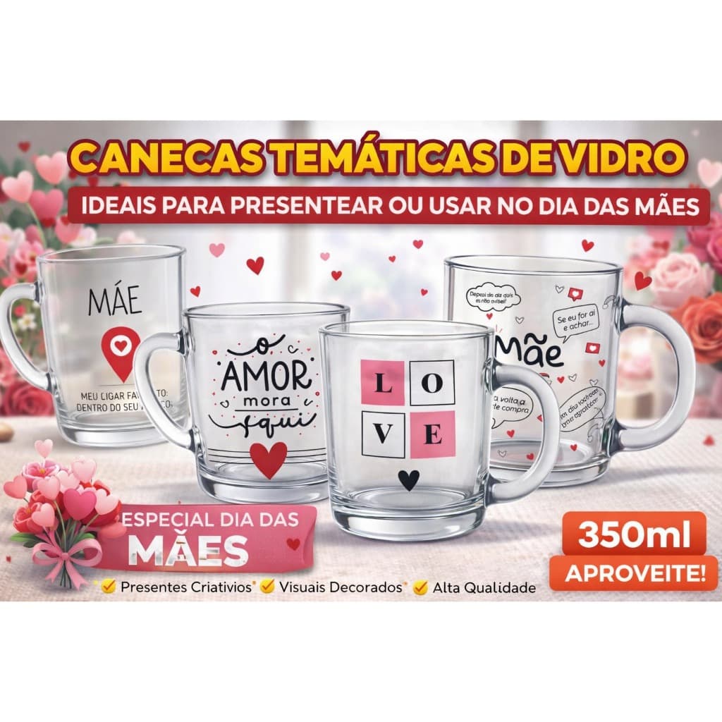 Caneca de Vidro Dia das Mães 350ml Presente Criativo Mãe Amor