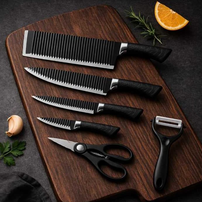 Jogo/Conjunto/Kit Facas 6 Peças Inox Cabo Ergonômico- Churrasco-Cozinha-Revestimento Antiaderente-