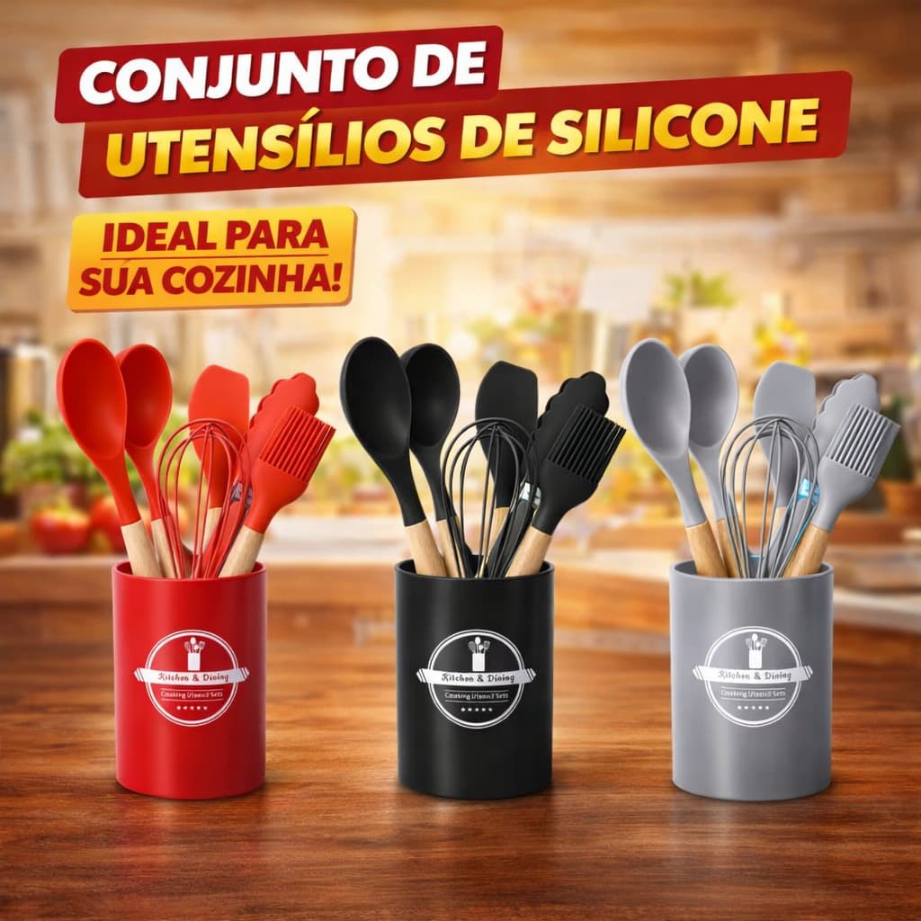 Conjunto 7 Peças Utensílios de Silicone com Cabo em Madeira Jogo Completo para Cozinha