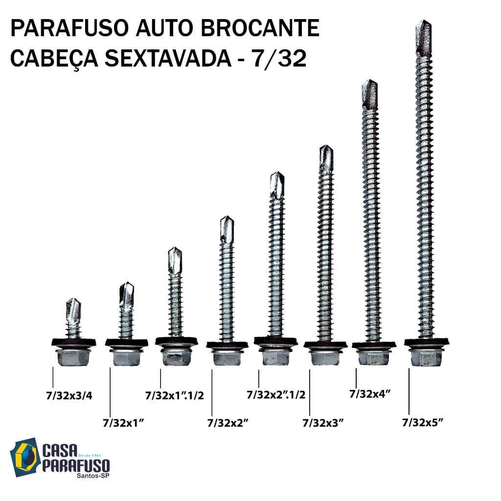 PARAFUSO AUTO BROCANTE CABEÇA SEXTAVADA 7/32 (0,55 cm) c/ ARRUELA DE VEDAÇÃO p/ TELHA.