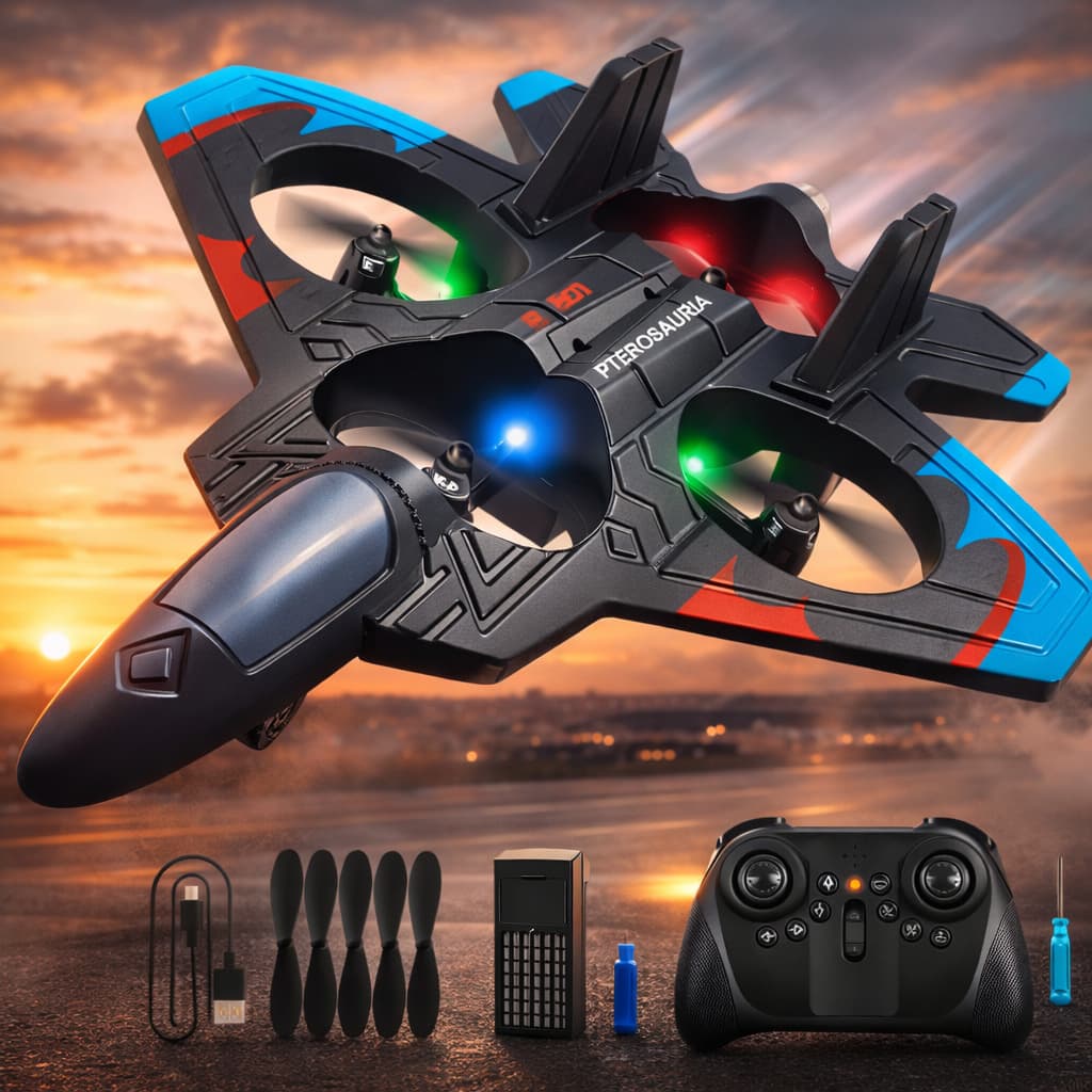 Avião Drone de Combate Aircraft Controle Remoto RC 2.4GHz 4 Motores Com Luz Bateria Recarregável Resistente Brinquedo