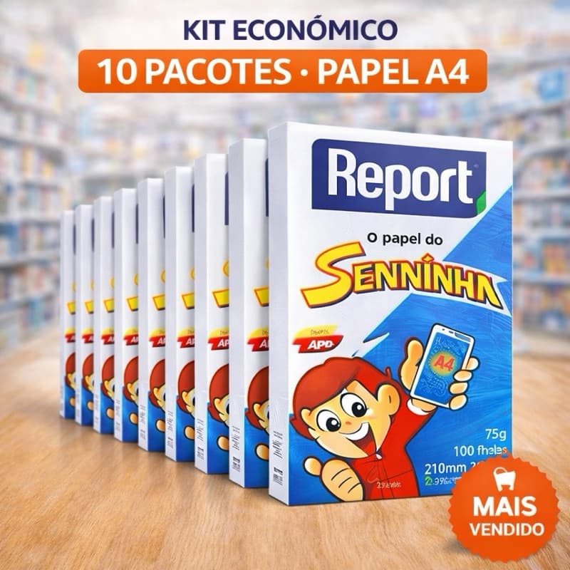 Papel Report Seninha A4 – Kit 10 Pacotes 100 Folhas 75g – Sulfite Escolar Cor Branco.