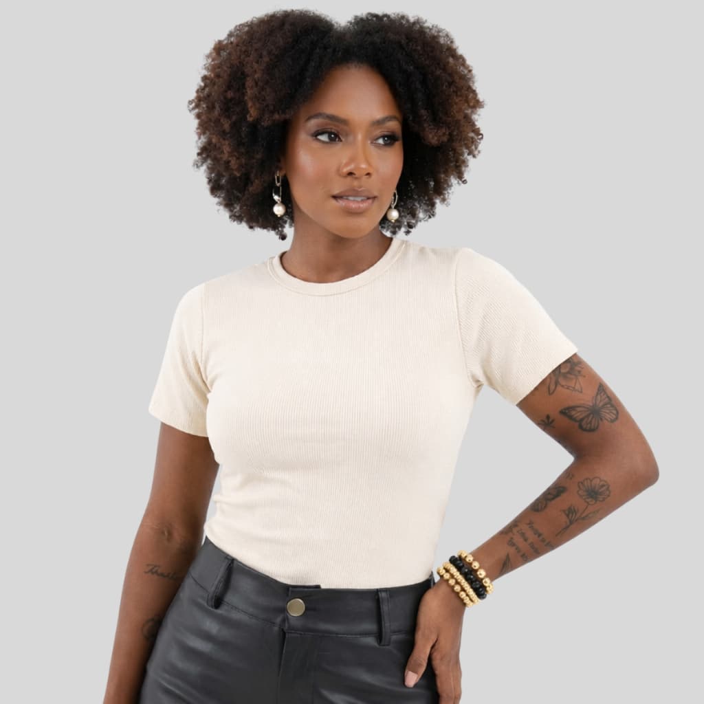 Camiseta Ribana Canelada Feminina Manga Curta Blogueirinha Street Fashion Moda Básica