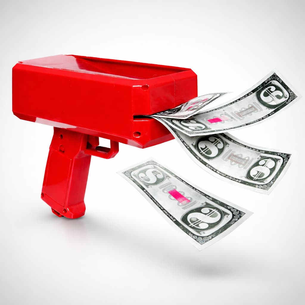 Pistola Lança Dinheiro Money Gun com 100 Notas para Festa Evento