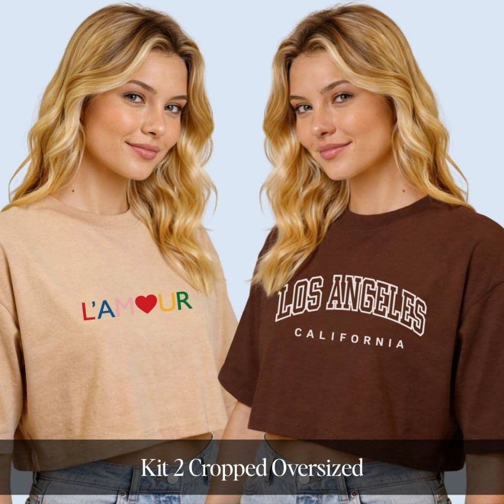 Kit 2 Cropped Feminino Oversized Camiseta 100% Algodão Estampada Manga Curta