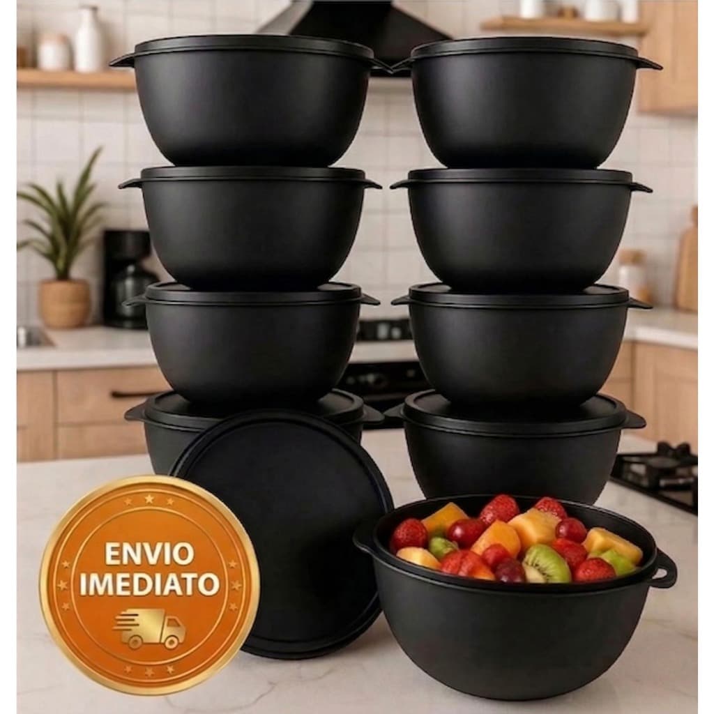 Kit 10 Potes Plástico com Tampa – BOWL Marmita Cozinha, Freezer, Micro-ondas e Lava-Louças