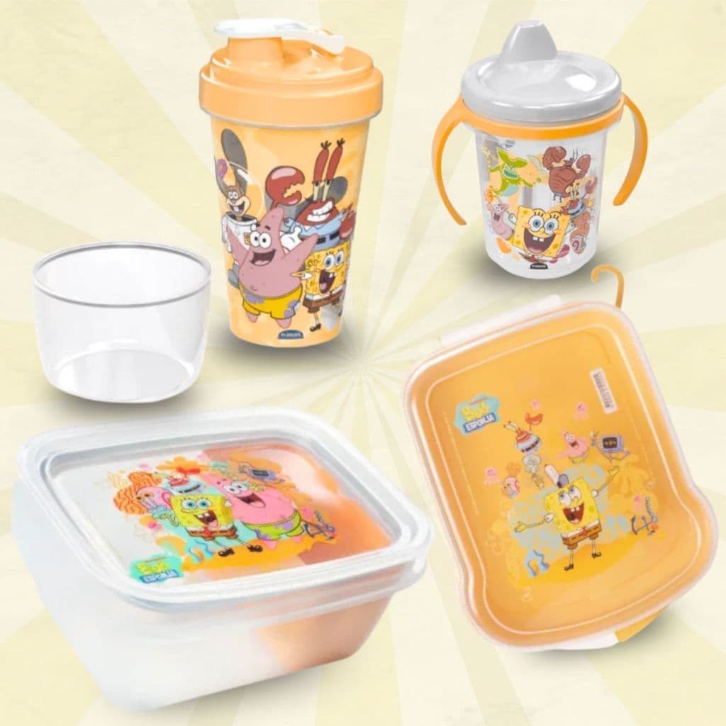 Kit Pote Infantil Marmita Bob Esponja Lanche Escolar com Divisórias Fitness Potinho Vasilha Plástica Lancheira Escolar