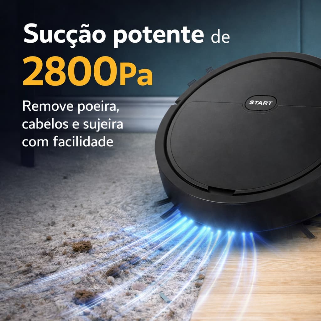 Robô Aspirador de Pó Automático Recarregável 2800Pa Sensor Obstáculo Filtro HEPA Silencioso