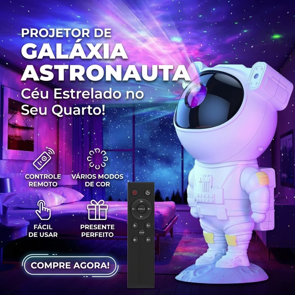 Projetor Astronauta Galáxia Céu Estrelado Luminária LED Nebulosa 360° com Controle Remoto