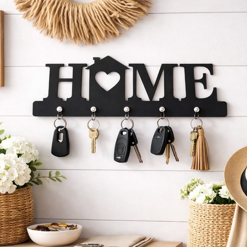 Porta Chaves Decorativo HOME Preto MDF Organizador Madeira Entrada da Casa Multiuso Chaveiro Decor