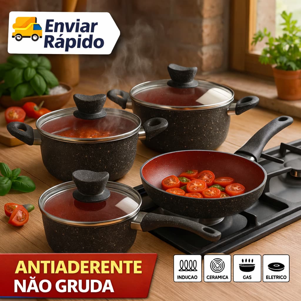 Panelas Antiaderente 4 Peças com Tampa de Vidro – Para Fogão Indução, Gás, Elétrico e Cerâmico