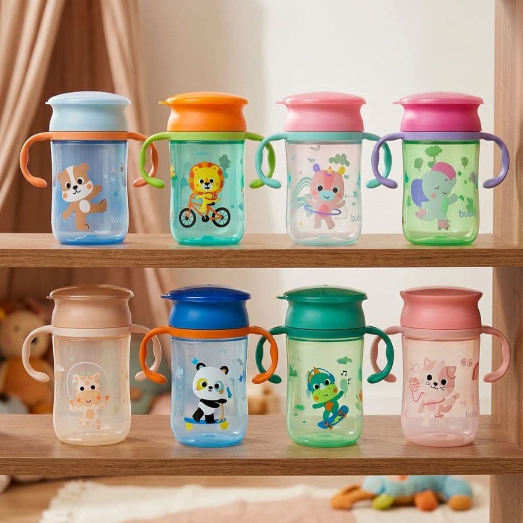 Copo Infantil Treinamento 360º Bubazoo com Alça e Tampa Válvula Antivazamento com Trava 300 ml Buba