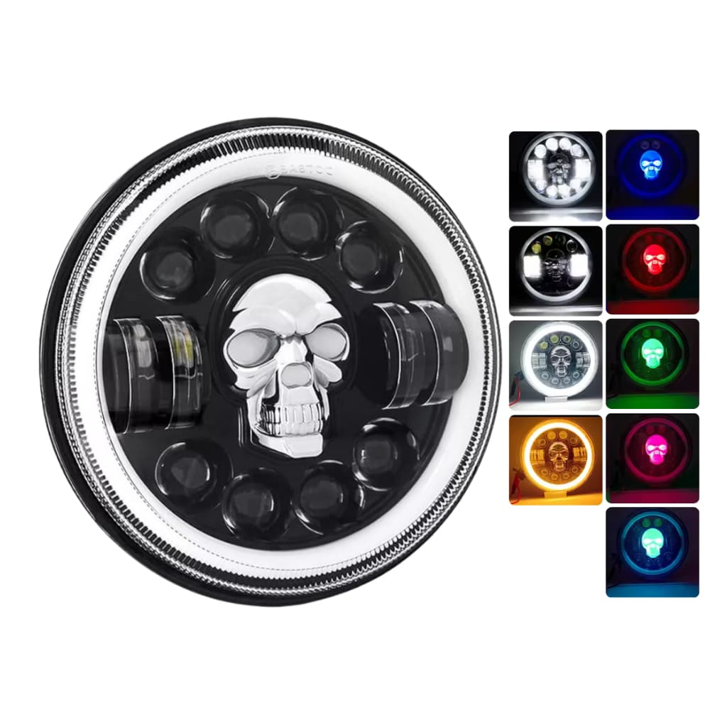 Farol LED Para Motocicleta 7 Polegadas Caveira Luz Alta/Baixo Seta  DRL Angel Eyes