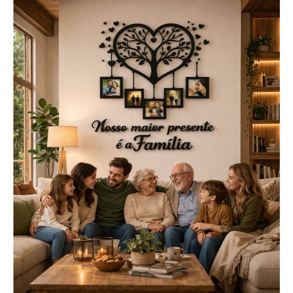 Porta-Retrato de Parede Família em MDF | Decorativo com Fotos + Frase Personalizada | Presente Criativo
